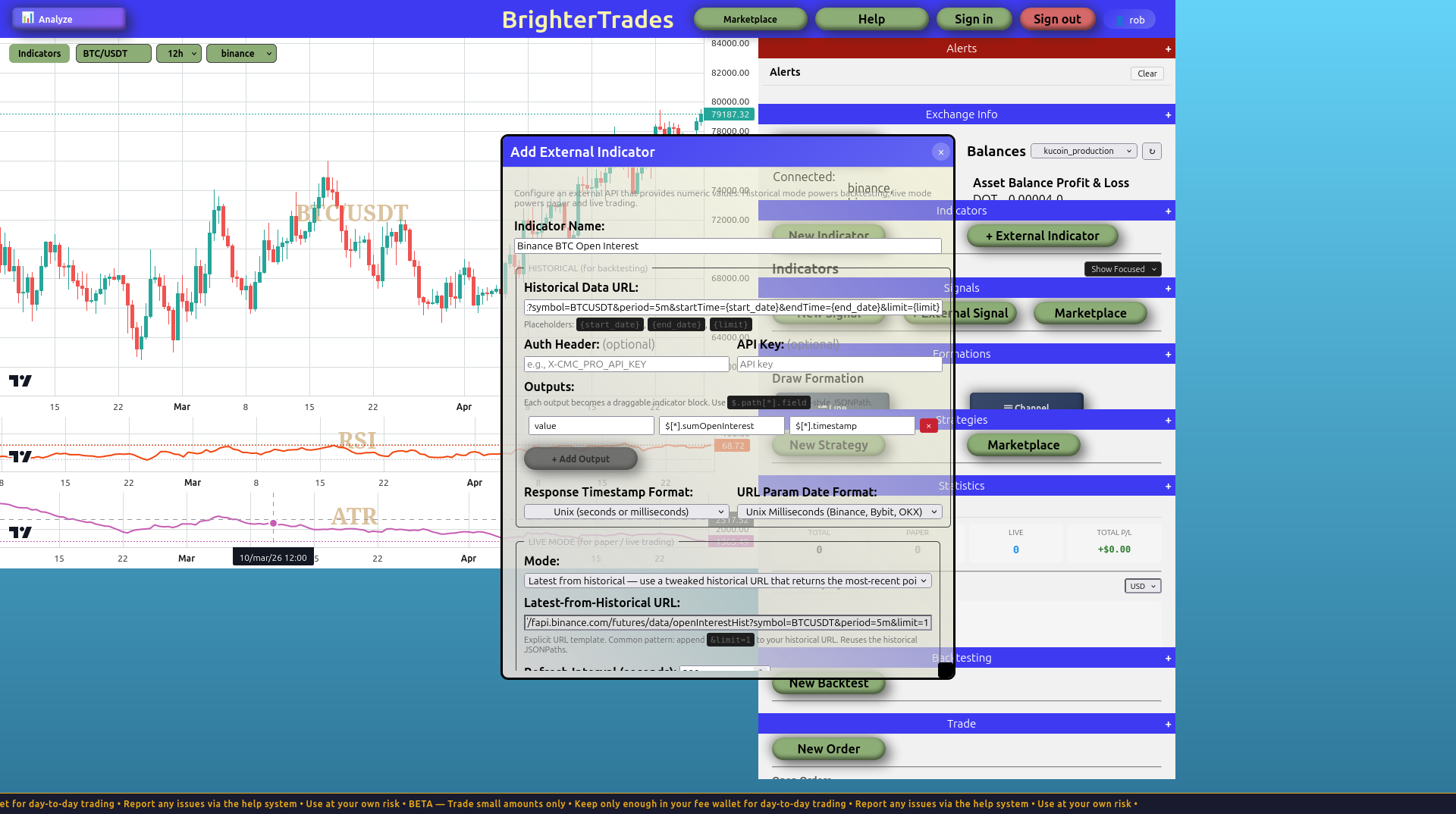 External Indicator dialog filled