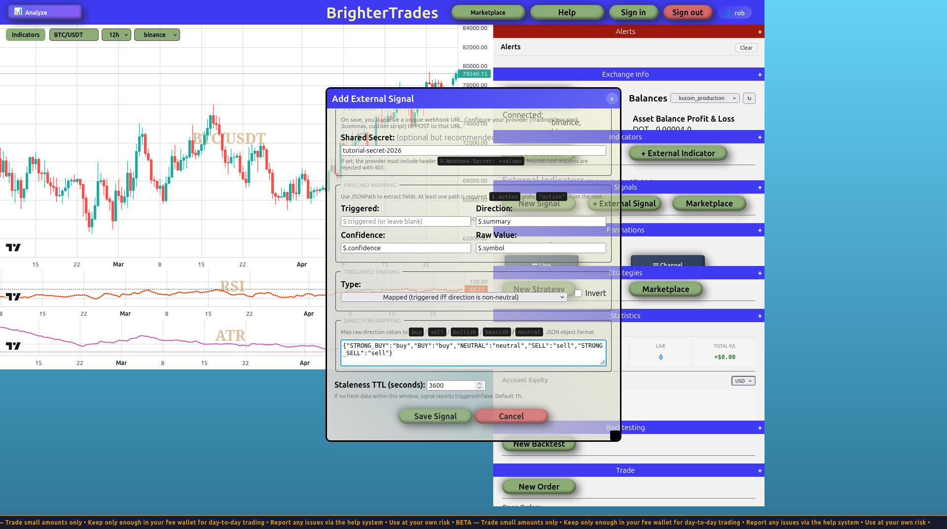 External Signal dialog filled
